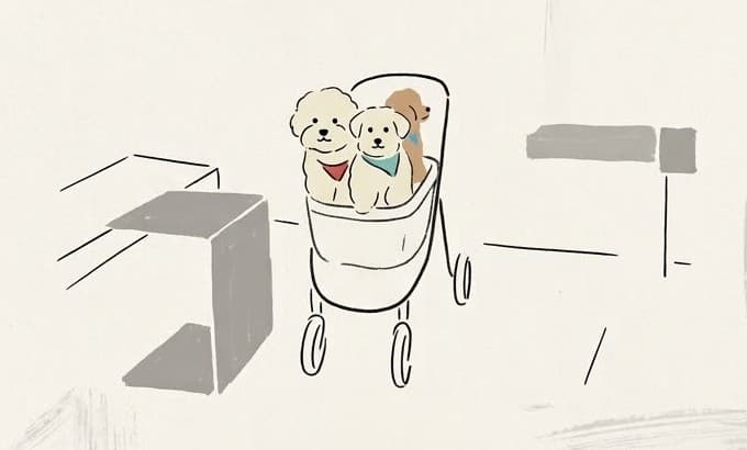 Drawing of the dogs in a pushchair