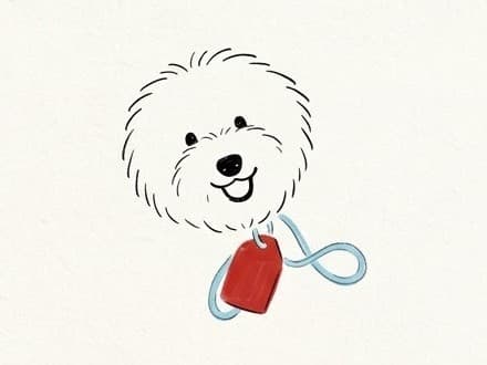 Drawing of Yuzu with his blue lead and red tag