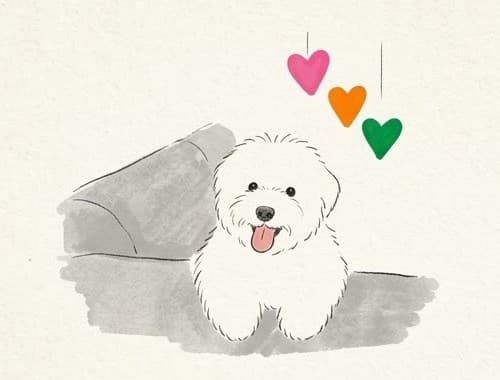 Drawing of Zuma on the sofa under three hanging hearts